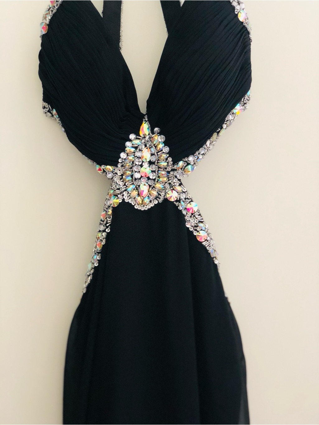 Black Evening Dress With Iridescent Crystal Embellishment